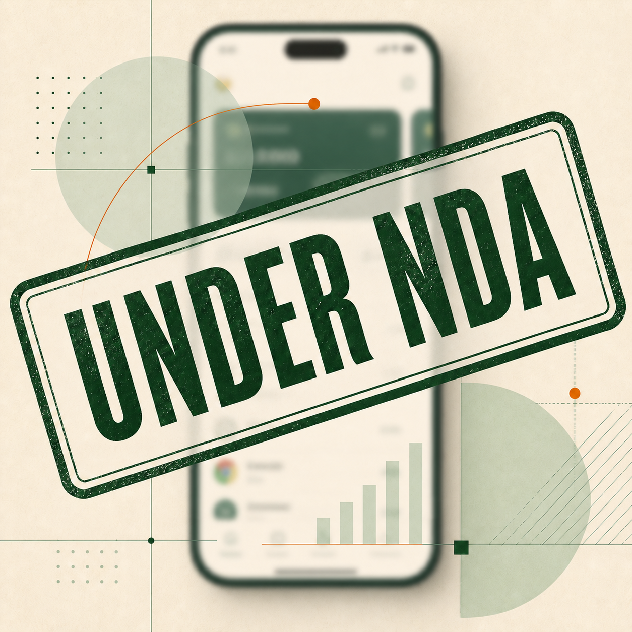Under NDA stamp over a blurred fintech app measurement mockup